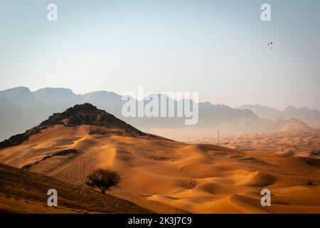 Maleha desert. Maleha is a big dunes in Sharjah, UAE. Fossil rock or pink rock is a hard rock structure right in between sand dunes, an natural wonder Stock Photo