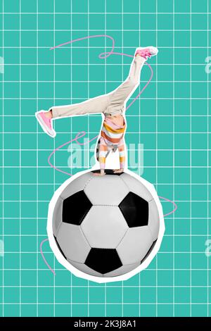 Creative drawing collage picture of active small kid handstand have fun football lesson school day physical training culture playing soccer Stock Photo