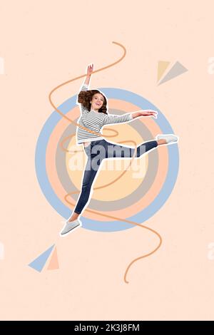 Composite collage picture image of jumping high dancing ballerina young woman have fun weekend festive feel free energy party disco Stock Photo