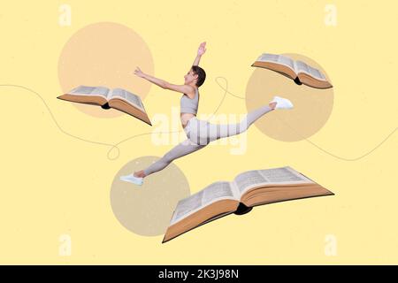 Composite collage picture image of active excited gymnast young woman jumping books get knowledge diligent learner library textbooks Stock Photo