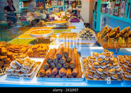 Antalya, Turkey - September 10, 2022: The turkish sweets in street shop in old cities of Turkey. Stock Photo