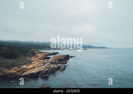 Point Lobos Sea lion cove on a misty day. Dramatic nature ocean cliffs and park background. Travelling on highway 101 wildlife preservation Stock Photo