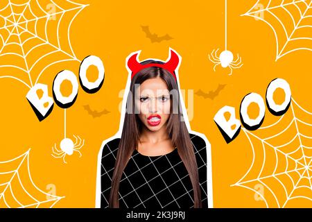 Creative trend collage of young attractive evil spooky creepy woman angry scare frighten boo fake red devil horns halloween postcard poster Stock Photo