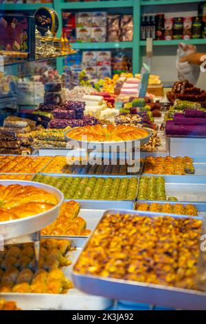 Antalya, Turkey - September 10, 2022: The turkish sweets in street shop in old cities of Turkey. Stock Photo