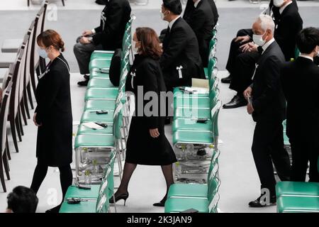 Tokyo, Japan. 27th Sep, 2022. U.S. Vice President Kamala Harris, center, and U.S. Ambassador to Japan Rahm Emanuel, right, attend the state funeral of assassinated former Prime Minister of Japan Shinzo Abe Tuesday Sept. 27, 2022, at Nippon Budokan in Tokyo. (Credit Image: © POOL via ZUMA Press Wire) Stock Photo