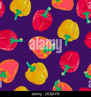 Bright pattern of bell peppers on a purple background in cartoon style for printing and design.Vector illustration. Stock Vector