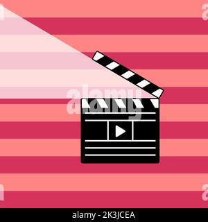 Clapperboard on a pink striped background. Simple flat vector illustration. Stock Vector