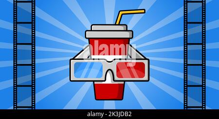 A glass with a drink and a straw and cardboard stereo 3d glasses. Cinema screen and film strip. Cinema poster. Vector illustration. Stock Vector