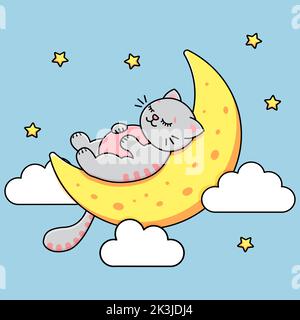 The gray cat sleeps on the moon. Sky stars and clouds. Childrens print. Vector illustration Stock Vector