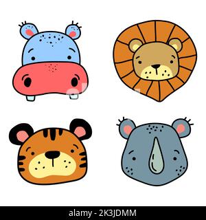 Set of simple doodle illustrations of African animals. Vector illustration. Stock Vector