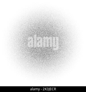 Grain circle gradient. Stippled round shape. Radial stochastic dotwork texture. Random grunge noise background. Black dots sphere. Halftone vector  Stock Vector