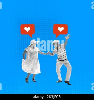 Contemporary art collage. Senior man and woman dancing over blue background with social media like icons above Stock Photo