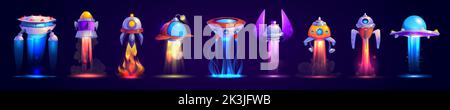 Alien space ships, cartoon ufo saucers and rockets take off with fire beams. Fantasy bizarre shuttles, game engines graphic design elements, funny cosmic spaceships, Isolated vector illustration set Stock Vector