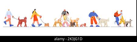 People walking with dogs on leash. Flat young male and female characters smiling, training, playing, hsoending time with pet animals of different breeds. Active lifestyle. Vector illustration set Stock Vector