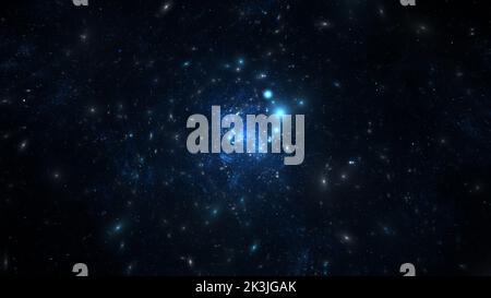 Distant space, billions of stars, planets and galaxies in the universe. The light of distant stars in deep space, a journey through the universe. 3d r Stock Photo