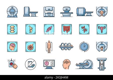 MRI scan diagnostic color icons. Medicine diagnostic equipment, hospital MRI scanner outline symbols, healthcare magnetic resonance imaging machine vector icons with human organs, patients on testing Stock Vector