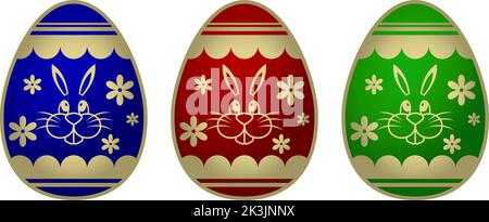 Easter Egg vector set. Gold Framed eggs with different colors on white isolated background. Pattern with Ornaments, flower and bunny. Stock Vector