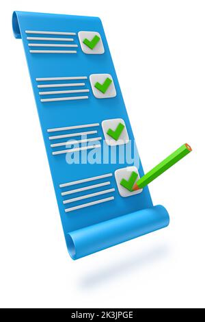Checklist on clipboard paper with green checkmark and red cross. 3D ...