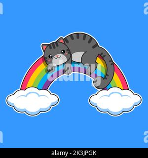The gray cat lies on the rainbow. Vector illustration Stock Vector