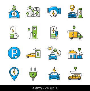 Electric car charge color icons. EV vehicle battery power recharge hybrid car charging station outline vector icons set with charging stations map, power plug and electric automobile engine symbols Stock Vector