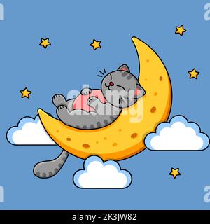 The gray cat sleeps on the moon. Sky stars and clouds. Childrens print. Vector illustration Stock Vector