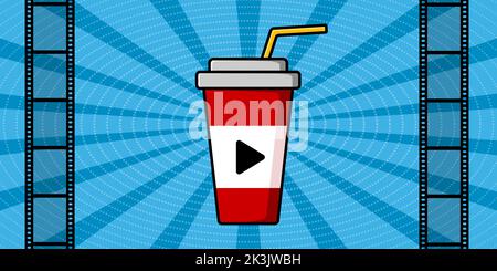 Image of a glass with a drink and a start button. Cinema screen and film strip. Cinema poster. Vector illustration. Stock Vector