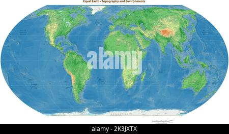 High details physical world map equal earth projection Stock Vector