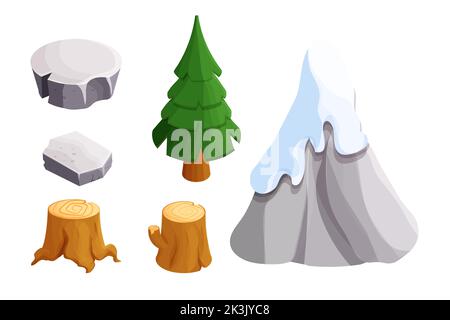 Set Stump of tree, stones, mountain, tree drawing in cartoon style isometric isolated on white background. Game background landscape elements. Vector illustration Stock Vector