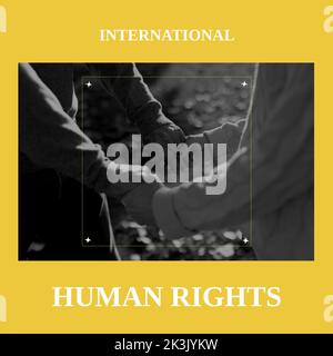 Midsection of caucasian senior couple holding hands and international human rights text, copy space Stock Photo