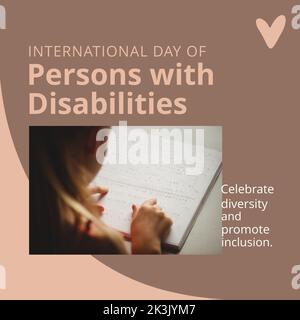 Composition of international day of persons with disabilities text over girl reading braille Stock Photo