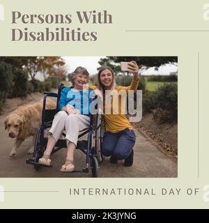 Composition of international day of persons with disabilities text over woman in wheelchair Stock Photo