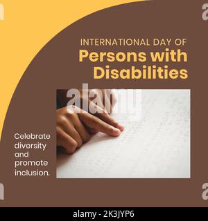 Composition of international day of persons with disabilities text over boy reading braille Stock Photo