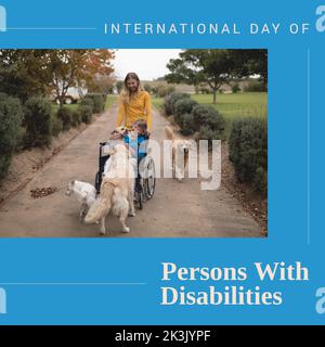 Composition of international day of persons with disabilities text over woman in wheelchair Stock Photo