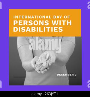 Composition of international day of persons with disabilities text over woman holding ribbon Stock Photo