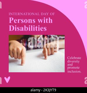 Composition of international day of persons with disabilities text over boy reading braille Stock Photo