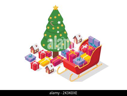 Santa sleigh with Chrismas tree and Christmass elements. Isometric view. Vector illustration Stock Vector