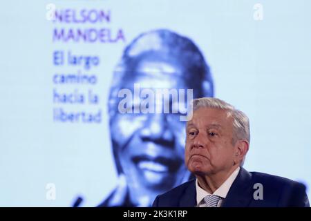 Mexico City, Mexico. 26th Sep, 2022. September 26, 2022, Mexico City, Mexico: Mexican President Andres Manuel Lopez Obrador during the daily morning press conference at the National Palace in Mexico City. on September 26, 2022 in Mexico City, Mexico. (Photo by Luis Barron/Eyepix Group/Sipa USA). Credit: Sipa USA/Alamy Live News Stock Photo
