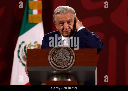 Mexico City, Mexico. 26th Sep, 2022. September 26, 2022, Mexico City, Mexico: Mexican President Andres Manuel Lopez Obrador during the daily morning press conference at the National Palace in Mexico City. on September 26, 2022 in Mexico City, Mexico. (Photo by Luis Barron/Eyepix Group/Sipa USA). Credit: Sipa USA/Alamy Live News Stock Photo