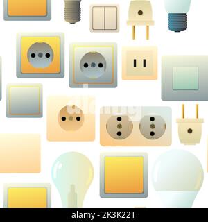 Sockets, switches and light bulbs. Electrical appliances for home network. Spare parts for work of an electrician. Seamless pattern. Isolated on white Stock Vector