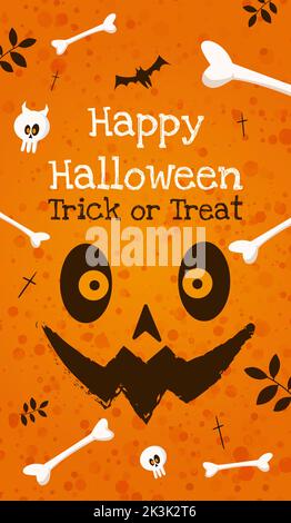 Lettering Happy Halloween and Trick or Treat watercolor texture of bone and skull twigs and scary muzzle Stock Vector
