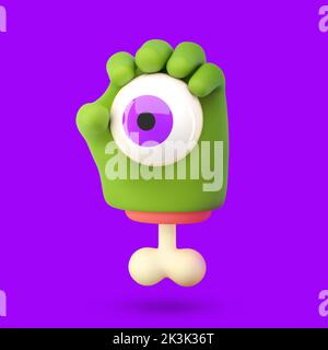 3d zombie hand in plastic cartoon style. Green monster Halloween character palms with bones holding violet eyeball. High quality isolated render Stock Photo