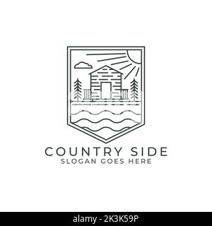 Country side outline logo design square. Vector line square with cabins for nature landscape. Stock Vector