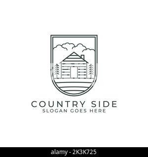 Country side outline logo design square. Vector line square with cabins for nature landscape. Stock Vector