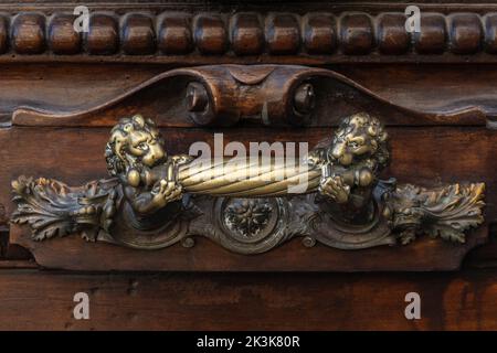 Closeup view of vintage brass door handle with lions isolated on beautiful ancient brown wooden door, Montpellier, France Stock Photo