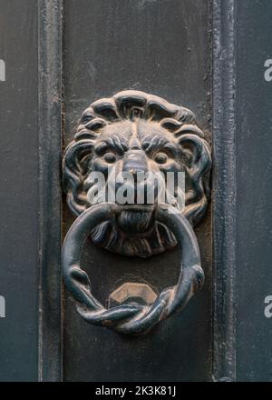 Closeup view of vintage brass lion head door knocker isolated on ancient green wooden door, Montpellier, France Stock Photo