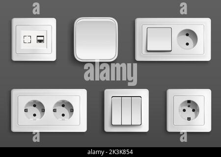 Electric sockets and switches on wall. Vector realistic set of 3d different types toggles and outlet for european and usa plugs, adapter connectors. White plastic house supplies Stock Vector