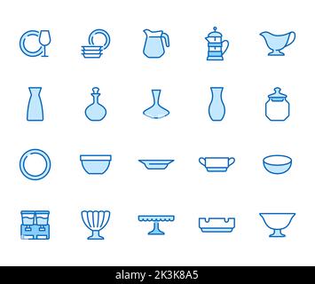 Glass illustration including icons of Tableware - plate, jug, dish, ashtray, bowl, decanter, wineglass minimal vector illustration. Simple thin line Stock Vector
