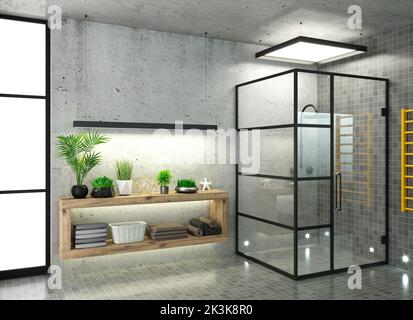 Modern dark glass shower room with led Stock Photo