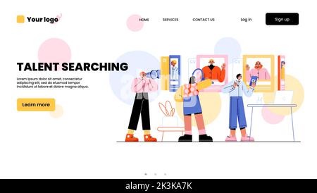 Talent searching landing page. Hr team research workers, recruitment concept with business people choose best candidate for job. Hiring and human resource agency, Line art flat vector web banner Stock Vector