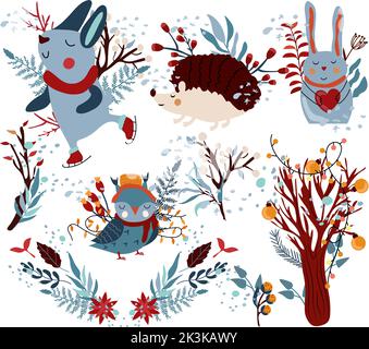 Winter compositions cute rabbit holding a heart, funny owl in a scarf, rabbit on skates, Christmas wreath and other. Cute winter animals for greeting cards, poster, postcard, banner. Vector Stock Vector